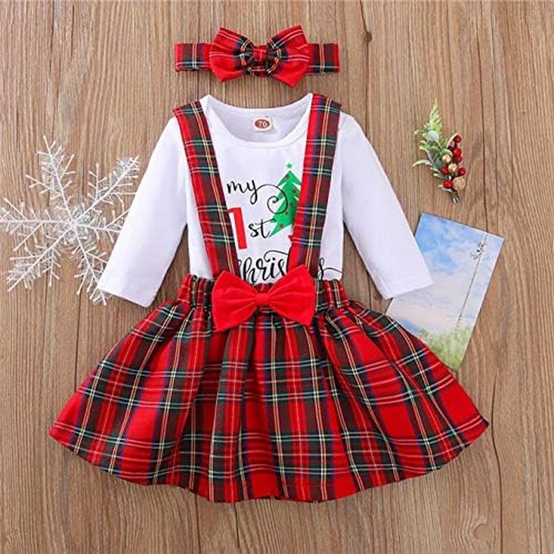 Newborn Baby Girl Christmas Outfits My 1St Christmas Romper+Suspender Skirt +Headband Overall Clothes Set